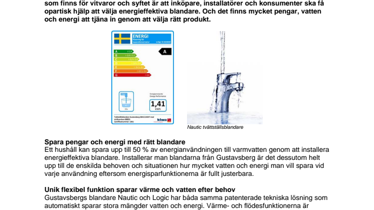 Unika funktioner ger Gustavsbergs blandare toppbetyg när köks- och tvättställsblandare får energimärkning
