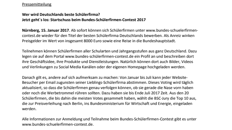 Wer wird Deutschlands beste Schülerfirma? Jetzt geht´s los: Startschuss beim Bundes-Schülerfirmen-Contest 2017