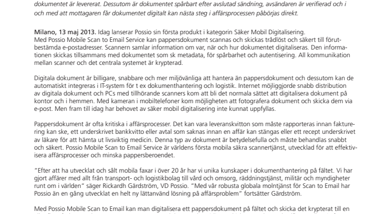Possio lanserar säker mobil digitalisering för effektivare affärsprocesser – Possio Mobile Scan to Email Service. 