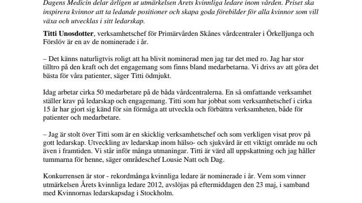 Chef i Örkelljunga och Förslöv nominerad till Årets kvinnliga ledare 2012