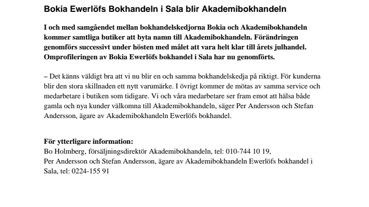Bokia Ewerlöfs Bokhandeln i Sala blir Akademibokhandeln 