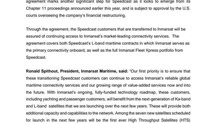 Speedcast Reaches Agreement with Inmarsat to Sell Primary Maritime Customer Contracts