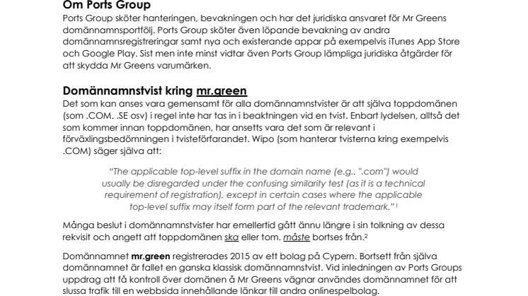 Ports Group har biträtt Mr Green Ltd. i en potentiellt vägledande domännamnstvist avseende mr.green
