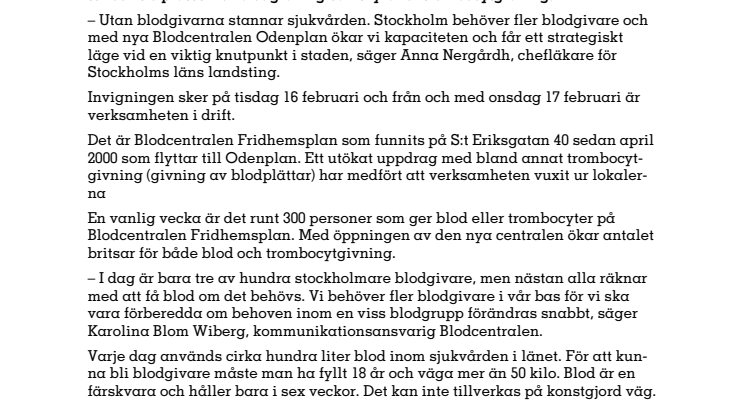Sveriges största blodcentral öppnar vid Odenplan