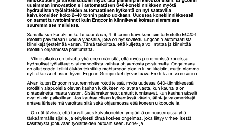 Turvallinen, automaattinen konekiinnike pieniin kaivukoneisiin – Engconin uusin innovaatio