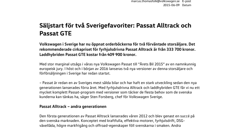 Säljstart för två Sverigefavoriter: Passat Alltrack och Passat GTE