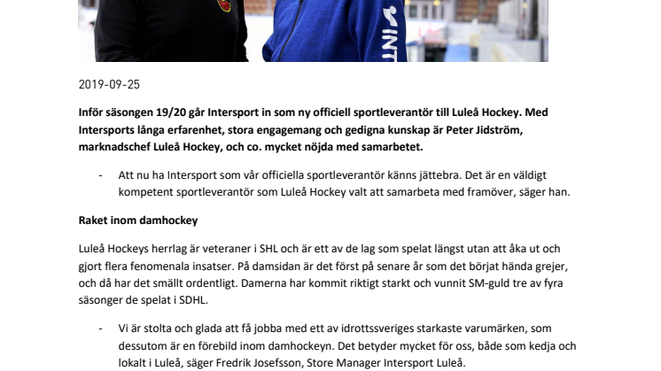 Intersport går in som ny officiell sportleverantör till Luleå Hockey