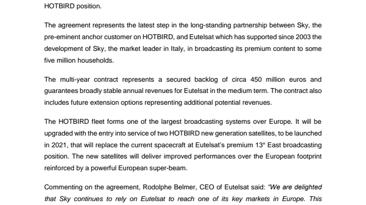 Sky Italia renews capacity contract at Eutelsat’s HOTBIRD position