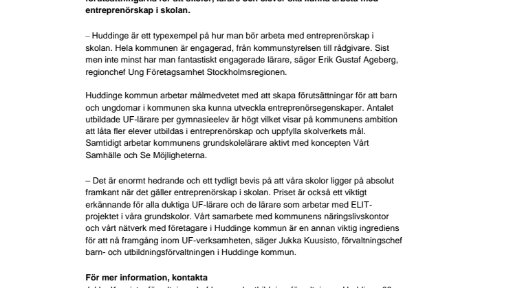 Huddinge bäst på entreprenörskap i skolan