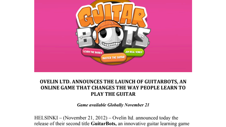 Ovelin launches GuitarBots - the online game that changes the way people learn to play the guitar