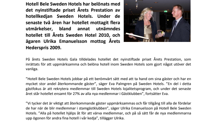 Årets Prestation – Hotell Bele Sweden Hotels i Trollhättan