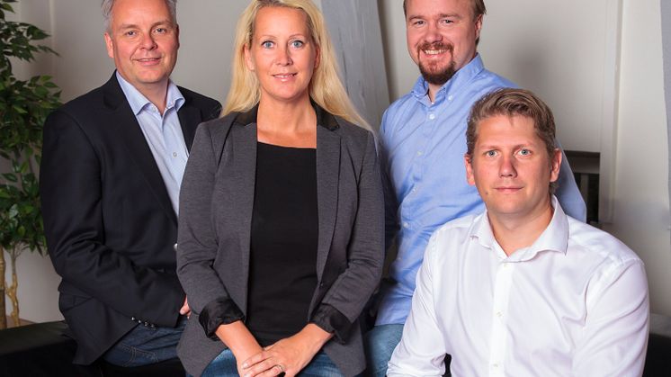 Patrik Falk, vd, Therese Öhman, operativ chef och grundarna Per Andersson och Kenneth Engström.  FOTO: Sandra Englund