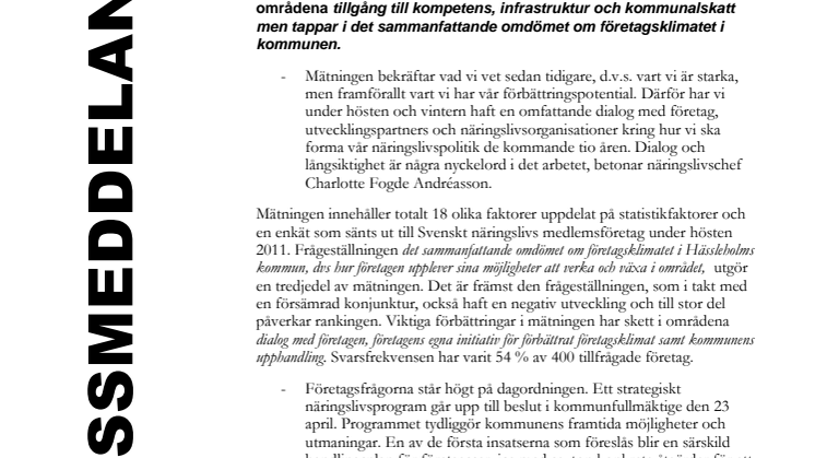 Svenskt näringsliv mäter företagsklimatet - Hässleholm på plats 166