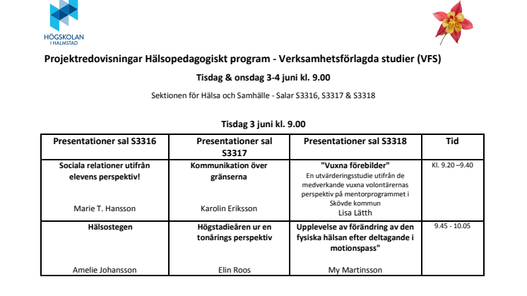 Schema Projektredovisningar Hälsopedagogiskt program