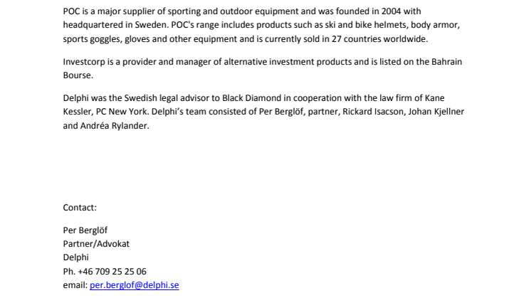 Delphi advisor to Black Diamond on the sale of POC Sweden