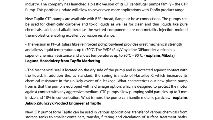 Tapflo announces new plastic centrifugal pump for aggressive liquids containing solid particles