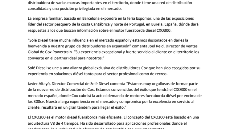 Solé Diesel es Nombrado Distribuidor de Cox Powertrain en España