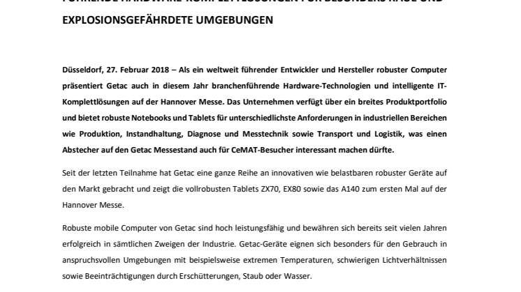 ​INNOVATIVE TECHNOLOGIEN DER NEUESTEN GENERATION: GETAC AUF DER HANNOVER MESSE 2018, HALLE 9, STAND A29