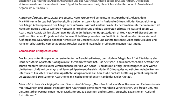 Von Deutschland nach Belgien: Aparthotels Adagio und  Success Hotel Group bauen Zusammenarbeit weiter aus