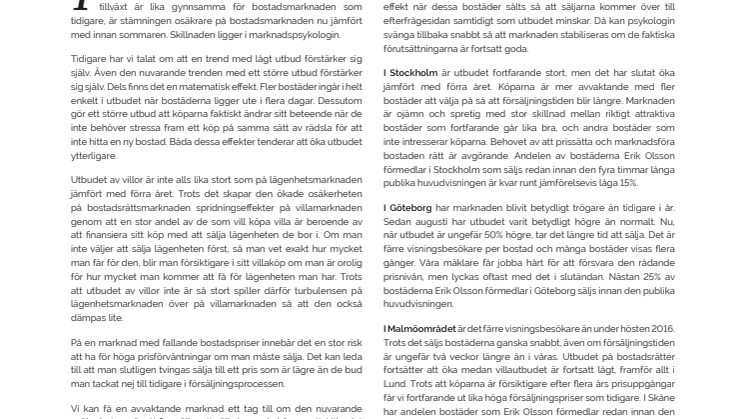 Erik Olsson Fastighetsförmedling kommenterar bostadsmarknaden 13 sept 2017