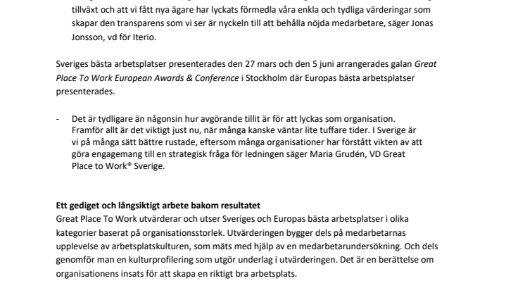 Iterio vald som en av Sveriges och Europas bästa arbetsplatser