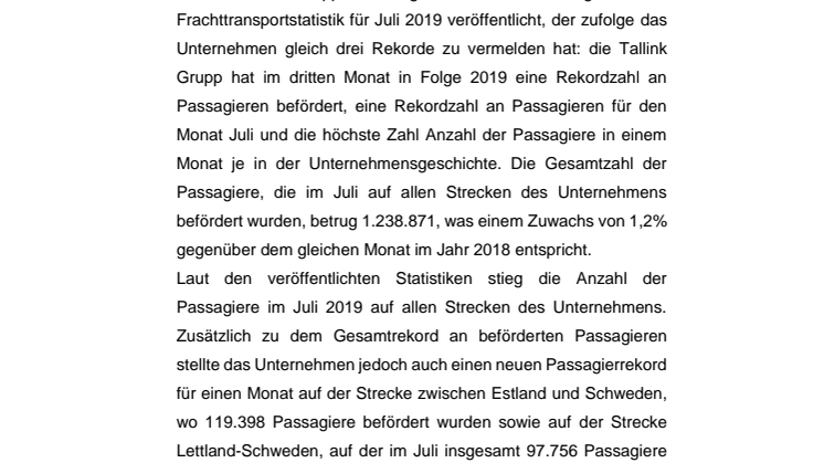 Tallink befördert im Juli 2019 die höchste Anzahl an Passagieren in einem Monat