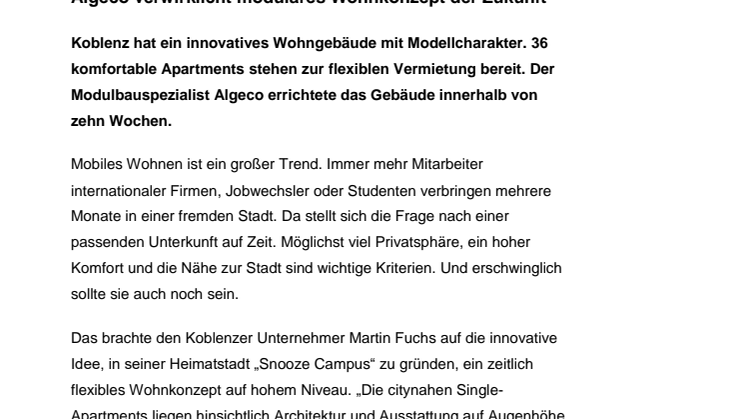 Algeco verwirklicht modulares Wohnkonzept der Zukunft
