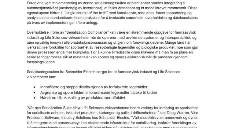 Schneider Electric lanserer serialiseringssuite for Life Sciences-virksomheter