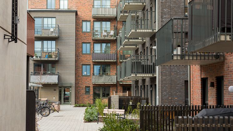 HFAB:s kvarter Lundgrens Trädgårdar färdigställdes 2020. Nu är byggnadsprojektet nominerat till Halmstads arkitekturpris.