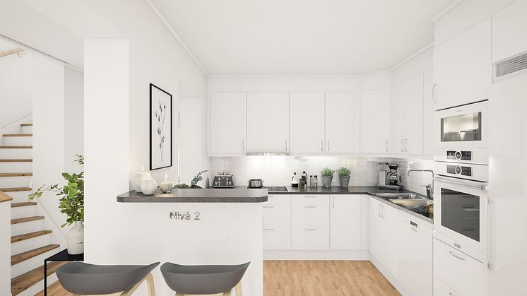Brf Sundby Äng - 3D-bild av kök/trappa