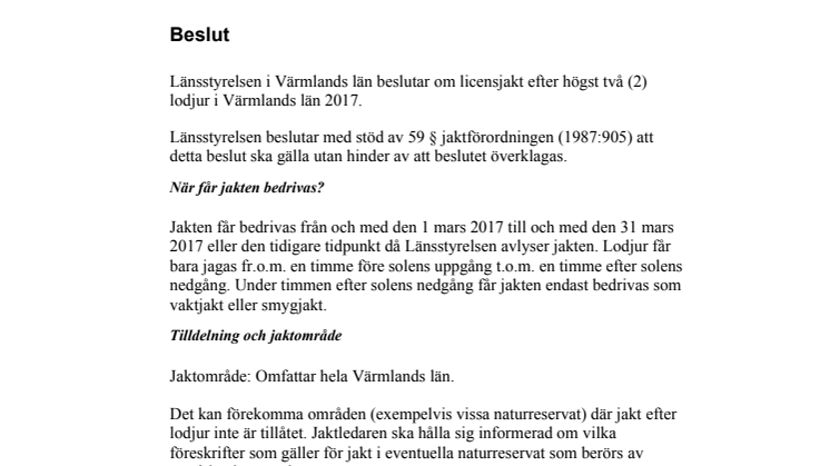 Licensjakt efter lodjur i Värmlands län 2017 