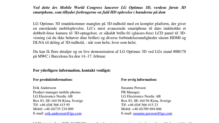 LG LANCERER VERDENS FØRSTE FULL 3D SMARTPHONE VED MOBILE WORLD CONGRESS 2011