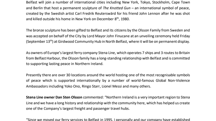 Belfast City joins international family of non-violence and peace