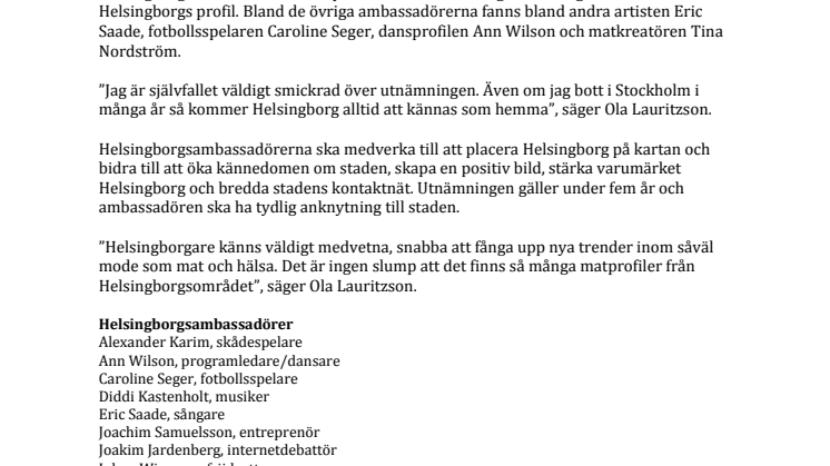 Ola Lauritzson utsedd till ambassadör för Helsingborg