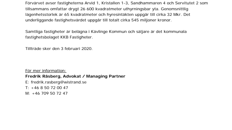 Wistrand biträder SBB vid förvärv av 407 lägenheter i Kävlinge 