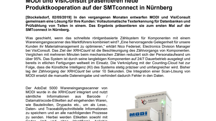 MODI und VisiConsult präsentieren neue Produktkooperation auf der SMTconnect in Nürnberg