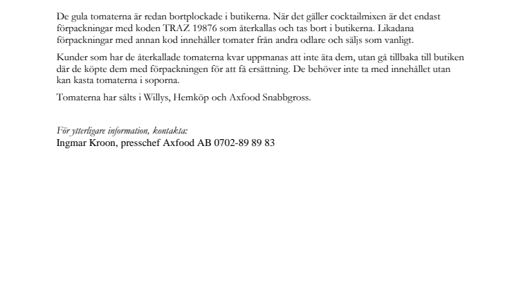 Gula cocktailtomater återkallas