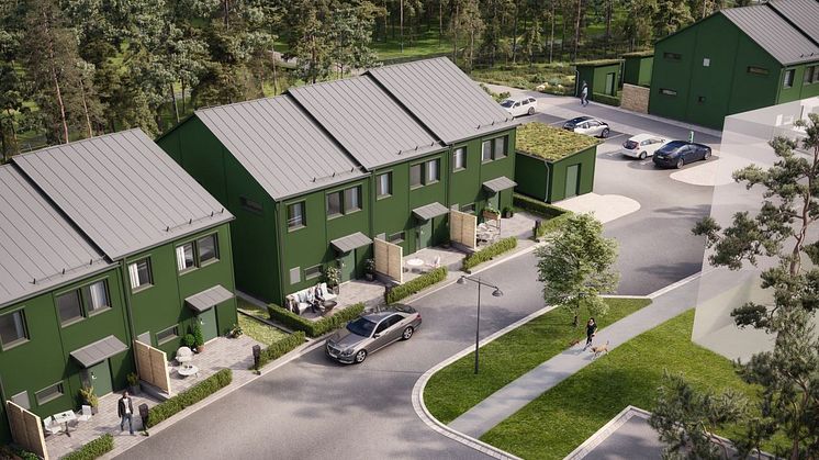 Brf Högbobäcken blir 18 radhus längs en trivsam kvartersgata och med Högbobäcken porlande genom skogen på husens baksida. 