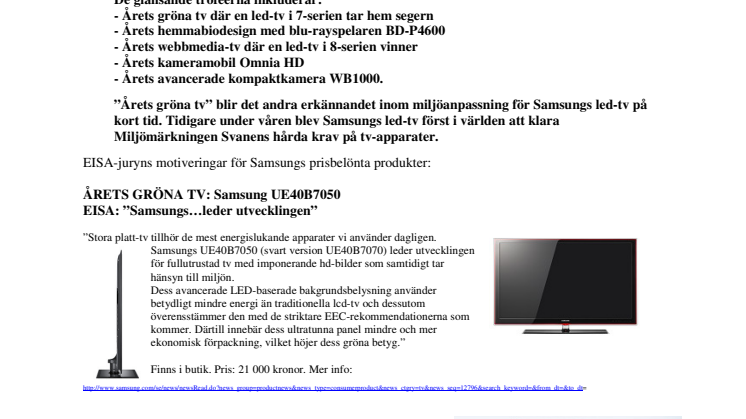 Årets grönaste tv från Samsung enligt  europeisk organisation för fackjournalister