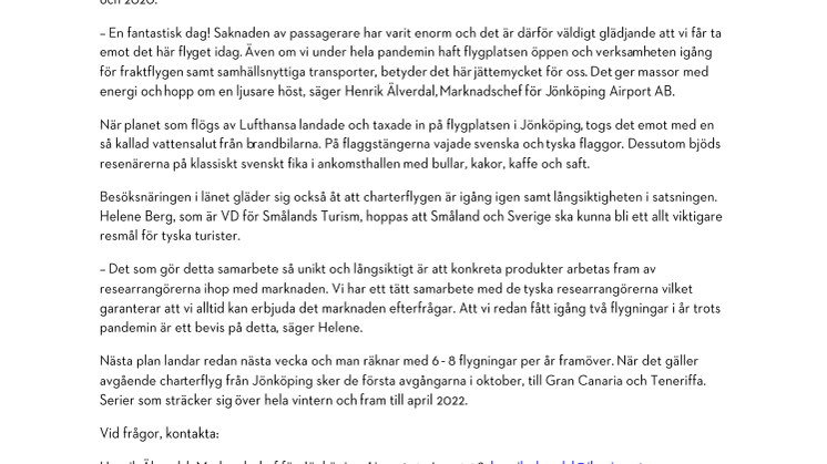 Återstart av passagerartrafiken på Jönköping Airport