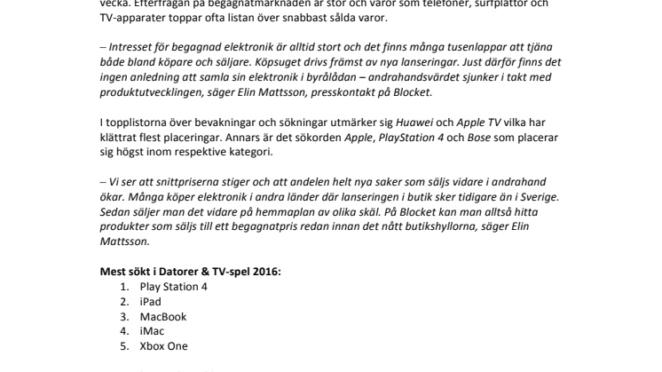 Svenska folket sålde begagnad elektronik för 977 miljoner under 2016 - Telefoner och TV-spel sålde snabbast	