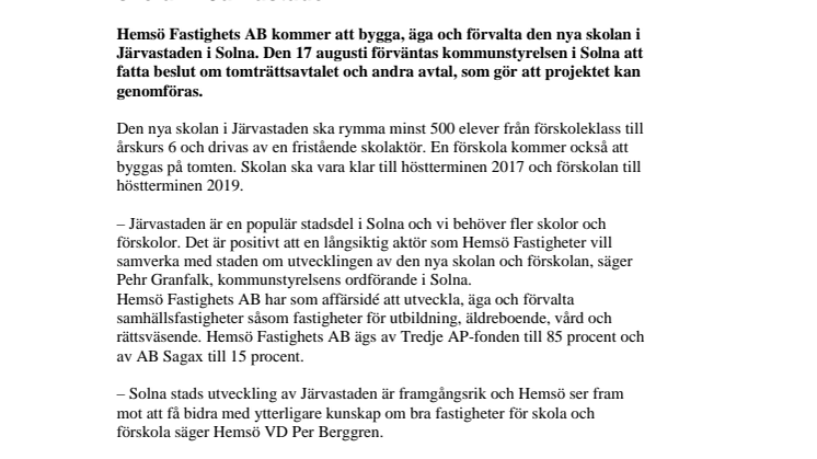 Solna stad samarbetar med Hemsö om den nya skolan i Järvastaden