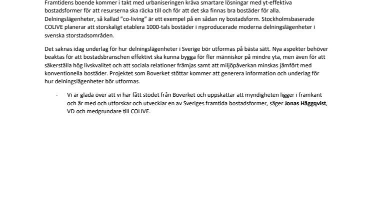 BOVERKET STÖTTAR COLIVE I ARBETET MED FRAMTIDENS BOSTÄDER