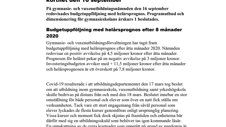 Gymnasie- och vuxenutbildningsnämnden i korthet den 16 september