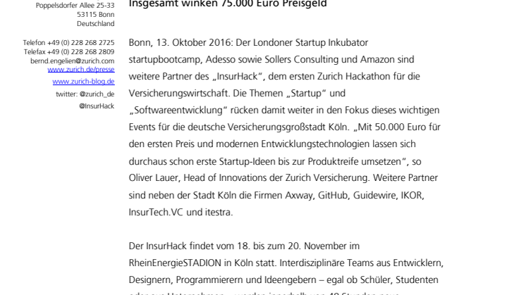 Zurich Hackathon „InsurHack“ wächst: Amazon, Sollers Consulting, Adesso und startupbootcamp sind weitere Partner - Insgesamt winken 75.000 Euro Preisgeld