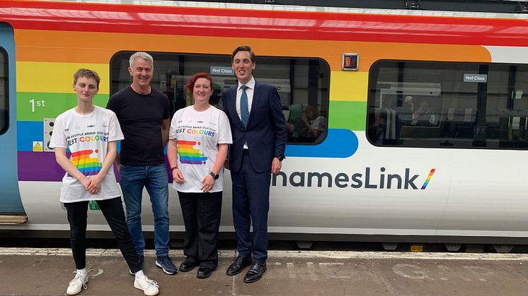 Design and content apprentice Maggie Luckhurst, MD of Brighton & Hove Pride 2019 Paul Kemp, driver Laura McDonald and train services director Stuart Meek launch the Pride 'trainbow' at Brighton (this and other pictures can be downloaded below)