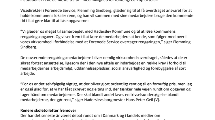 Forenede Service skal nu gøre rent i Haderslev Kommune og fordobler rengøringen af kommunens skoletoiletter 