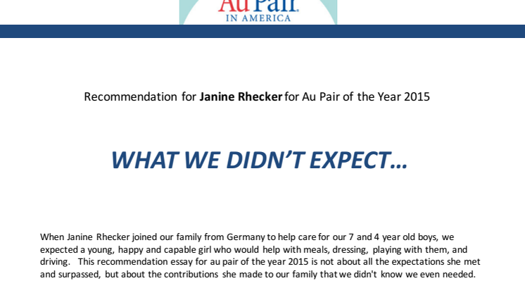 Gastfamilienbrief Au Pair of the Year