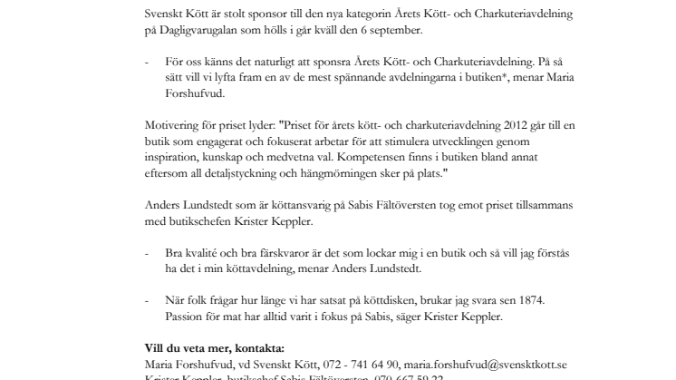 Sabis Fältöversten Årets kött- och charkuteriavdelning