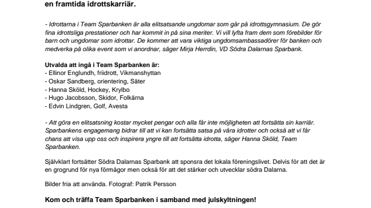 Södra Dalarnas Sparbank lanserar Team Sparbanken med lokala elitsatsande idrottare